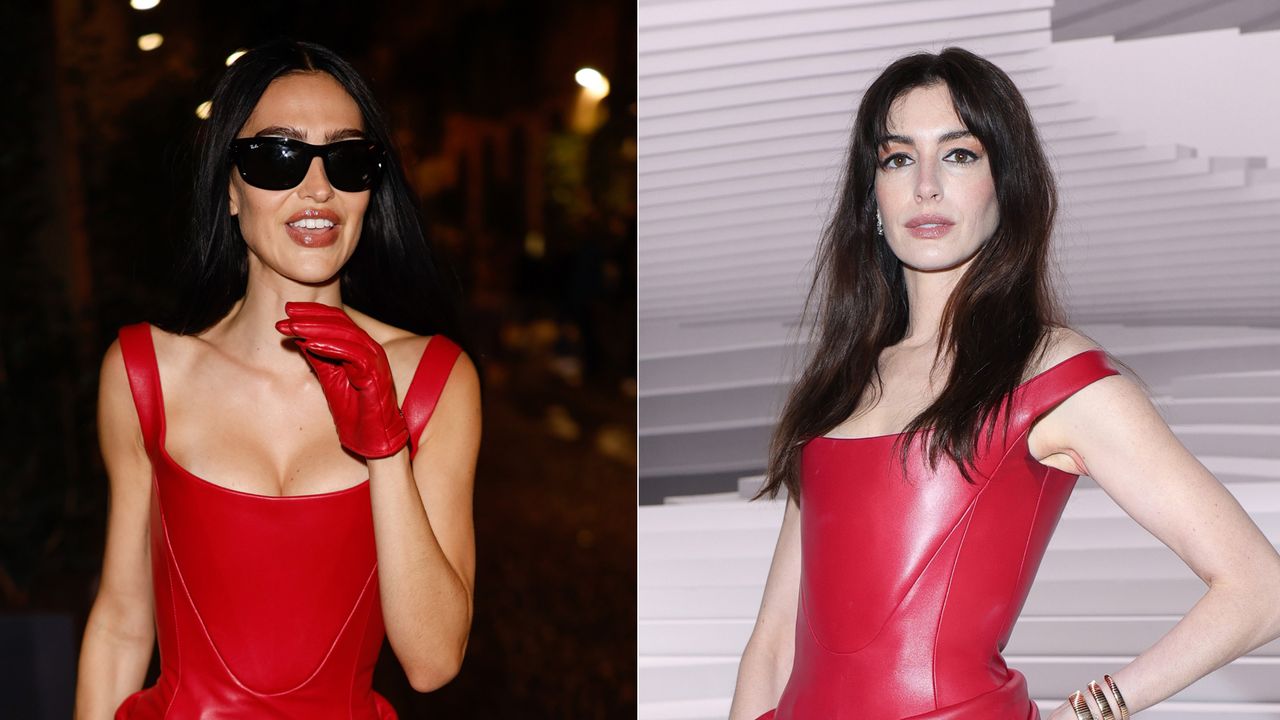 a collage of amelia gray and anne hathaway in the same red versace dress