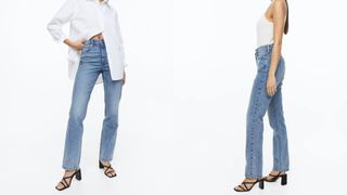 composite of model wearing blue h&m straight leg jeans