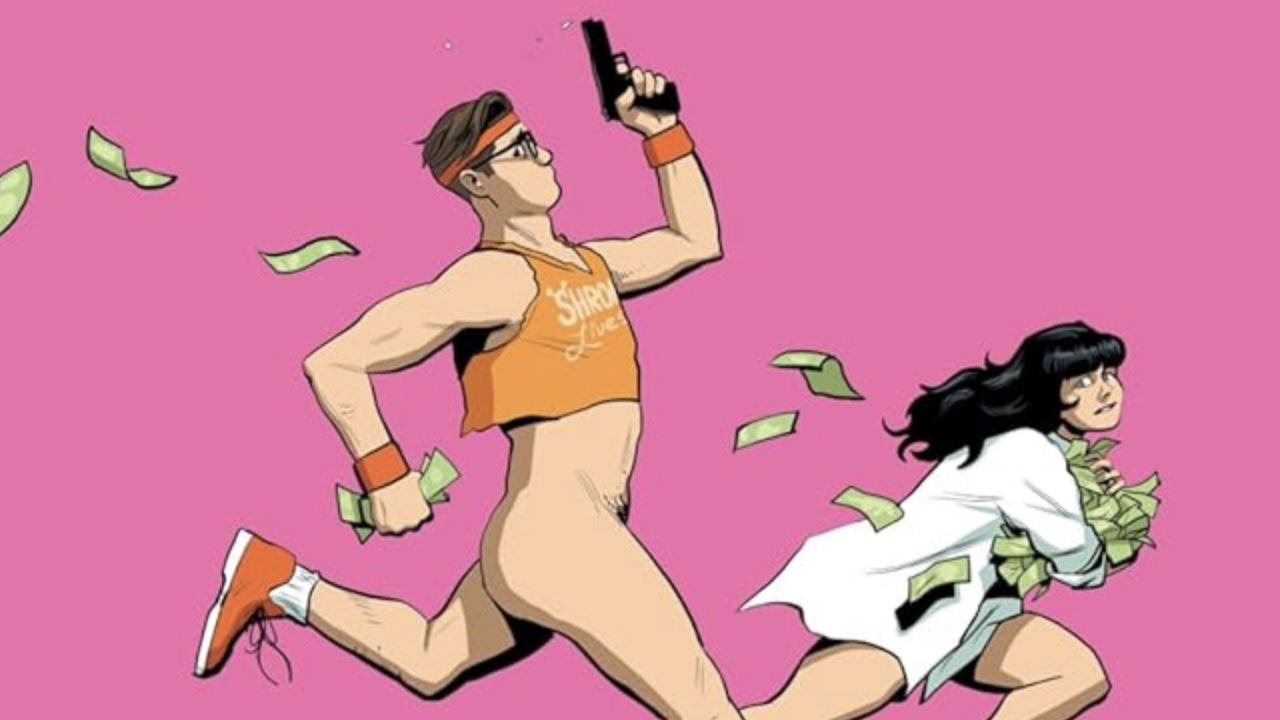 Jon and Suzie running away with gun and money on cover of Sex Criminals: Complete Edition