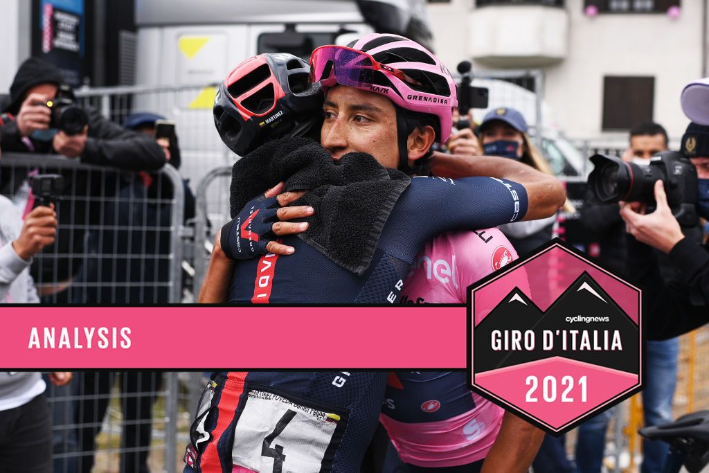 VALLE SPLUGA - ALPE MOTTA, ITALY - MAY 29: Daniel Felipe Martinez Poveda of Colombia and Team INEOS Grenadiers &amp; Egan Arley Bernal Gomez of Colombia and Team INEOS Grenadiers Pink Leader Jersey celebrates at arrival during the 104th Giro d&#039;Italia 2021, Stage 20 a 164km stage from Verbania to Valle Spluga - Alpe Motta 1727m / #UCIworldtour / @girodiitalia / #Giro / on May 29, 2021 in Valle Spluga - Alpe Motta, Italy. (Photo by Marco Alpozzi - Pool/Getty Images)