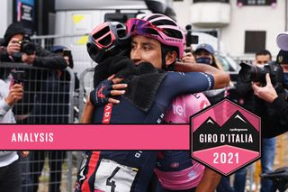 VALLE SPLUGA - ALPE MOTTA, ITALY - MAY 29: Daniel Felipe Martinez Poveda of Colombia and Team INEOS Grenadiers & Egan Arley Bernal Gomez of Colombia and Team INEOS Grenadiers Pink Leader Jersey celebrates at arrival during the 104th Giro d'Italia 2021, Stage 20 a 164km stage from Verbania to Valle Spluga - Alpe Motta 1727m / #UCIworldtour / @girodiitalia / #Giro / on May 29, 2021 in Valle Spluga - Alpe Motta, Italy. (Photo by Marco Alpozzi - Pool/Getty Images)