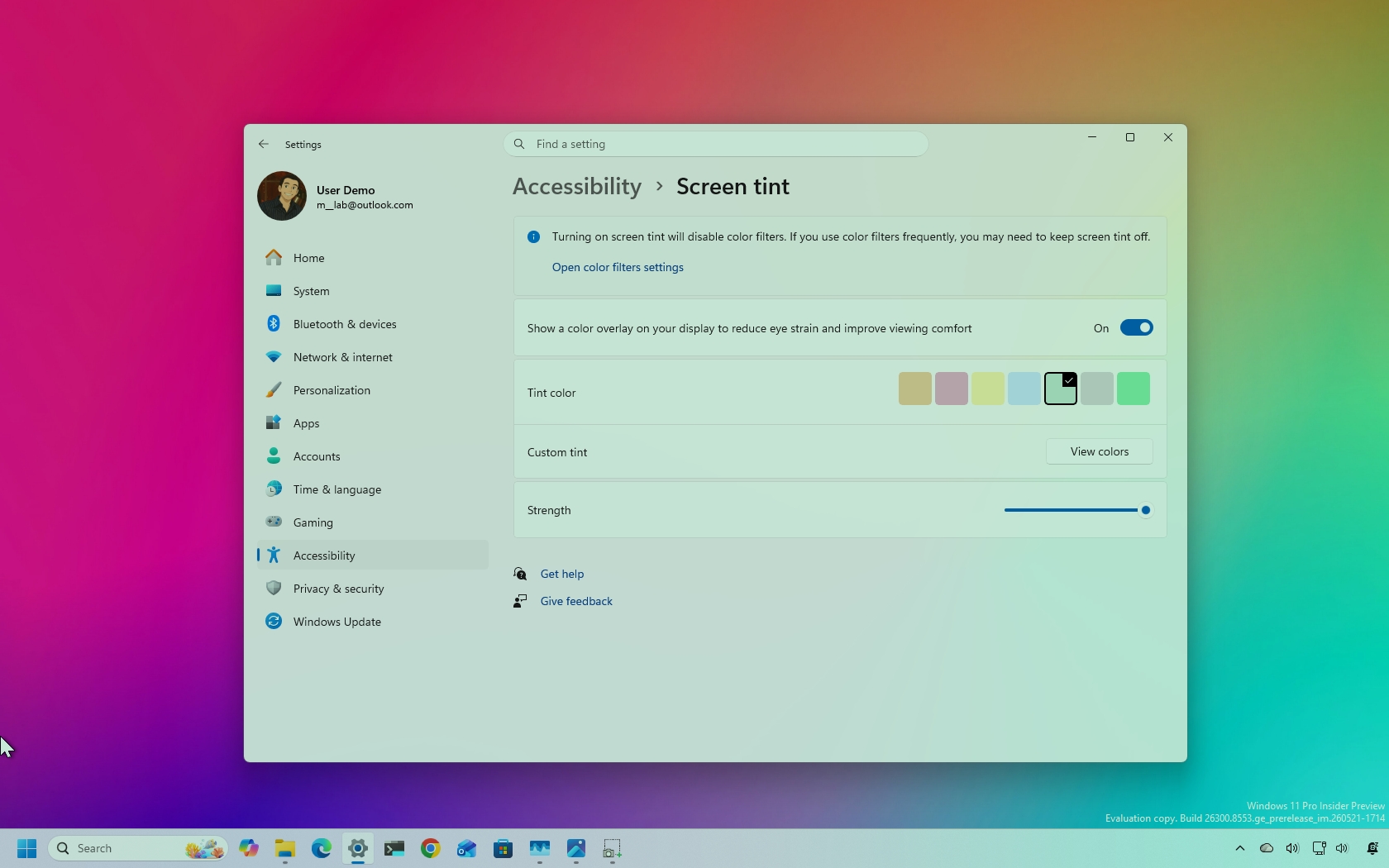 Screen Tint settings with the feature enabled on Windows 11.