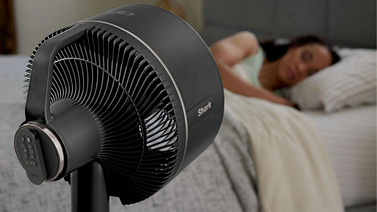 A Shark FlexBreeze fan in a bedroom with a woman sleeping in the background