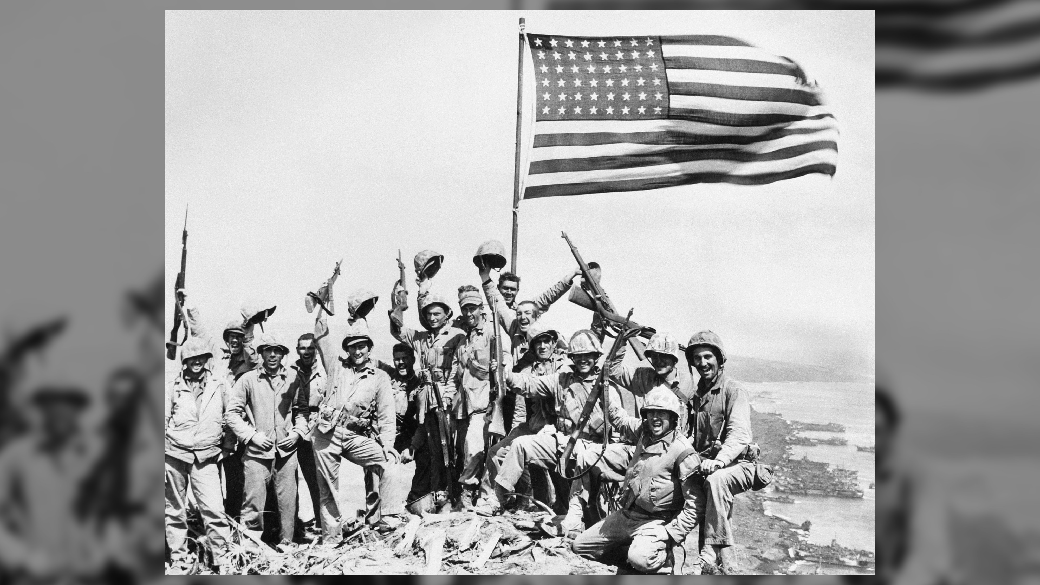 Marines with American Flag on Iwo Jima