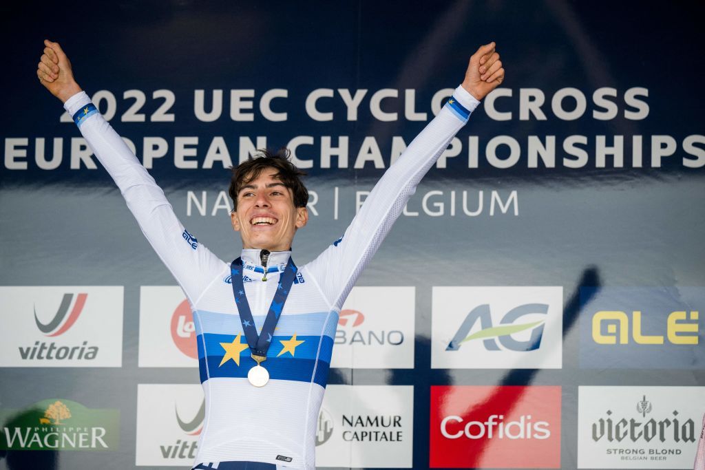 French rider Leo Bisiaux celebrates on the podium after winning the junior men race of the European Championships cyclocross cycling in Namur on November 6 2022 Belgium OUT Photo by JASPER JACOBS BELGA AFP Belgium OUT Photo by JASPER JACOBSBELGAAFP via Getty Images