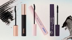 Lineup of three of the best Korean mascaras (L-R) from Heimish, peripera and Mizon on a pastel watercolour background with black mascara swatches