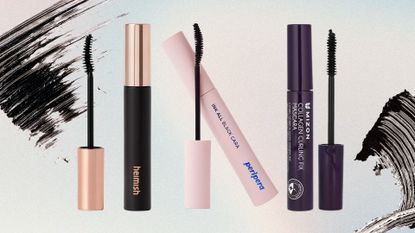 Lineup of three of the best Korean mascaras (L-R) from Heimish, peripera and Mizon on a pastel watercolour background with black mascara swatches