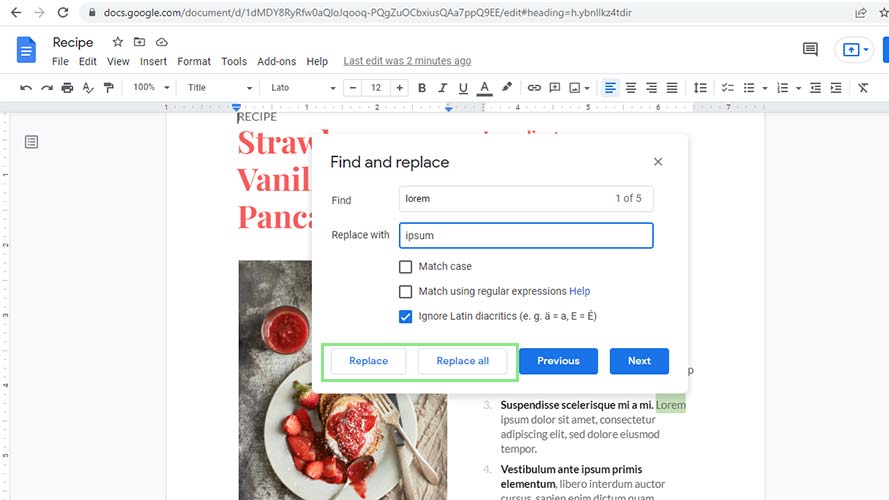 How to use find and replace in Google Docs