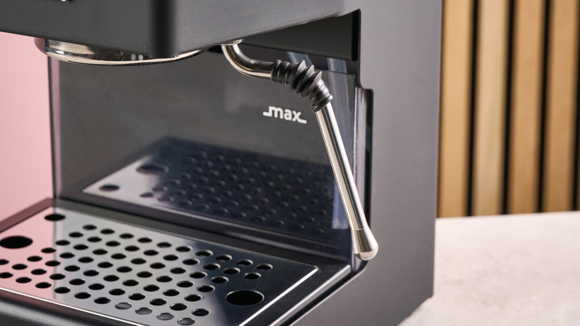 A closeup of the Gaggia Classic E24 Evo Pro&#039;s steam wand.