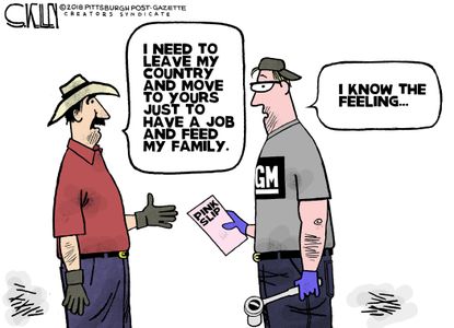 Editorial cartoon U.S. GM jobs layoff pink slip Mexico support family
