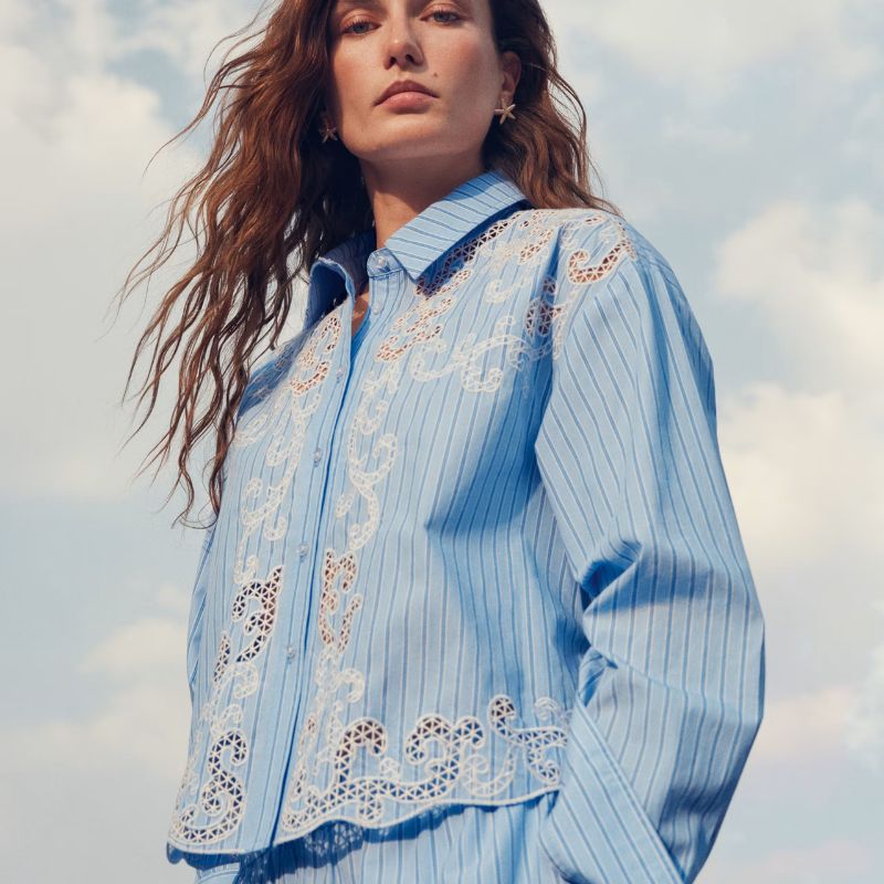 a model wearing M&amp;S embroidered shirt