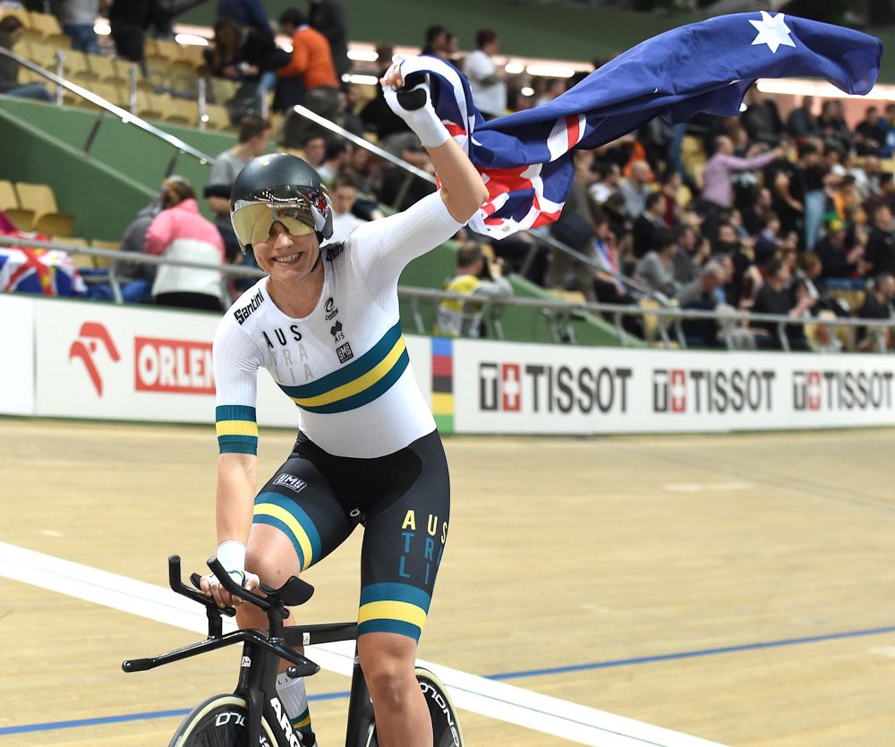 Australia's Ashlee Ankudinoff reacts after her team won the gold medal in the women's team persuit