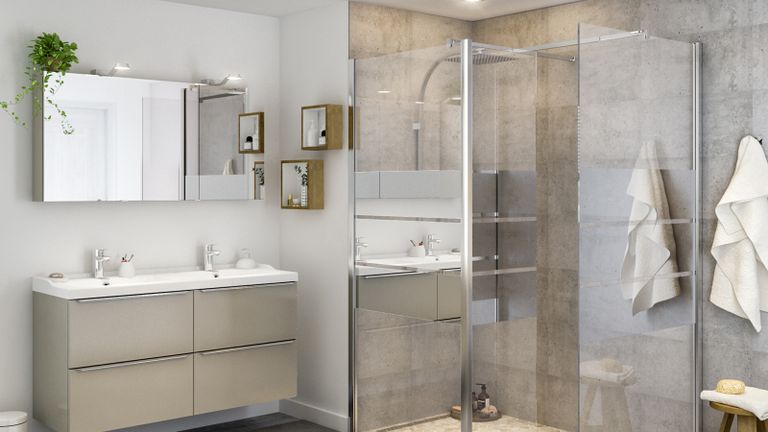 A neutral bathroom with shower, GoodHome Beloya Walk in shower panel, mirrored bathroom cabinet, modular wooden shelves, towel with hook and wooden stool