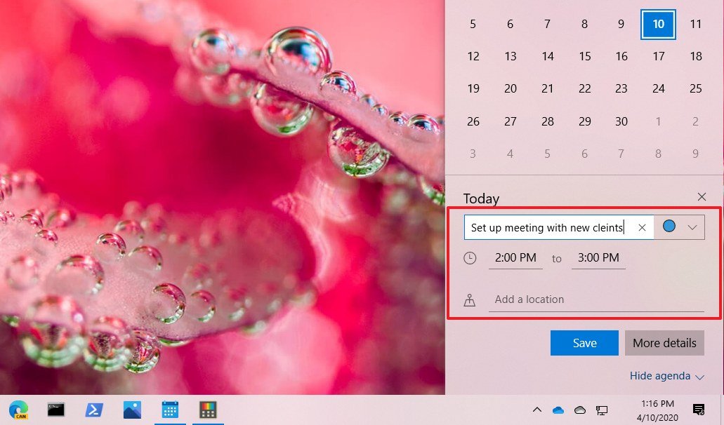 Schedule event from Windows 10 taskbar