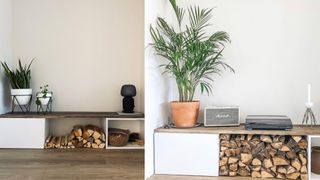 simple scandi storage unit with logs and rustic top to show a creative IKEA Besta hack