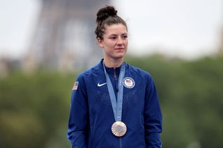 PARIS FRANCE JULY 27 Bronze medalist Chloe Dygert of Team United States poses on the podium during the Womens Individual Time Trial on day one of the Olympic Games Paris 2024 at Pont Alexandre III on July 27 2024 in Paris France Photo by Tim de WaeleGetty Images