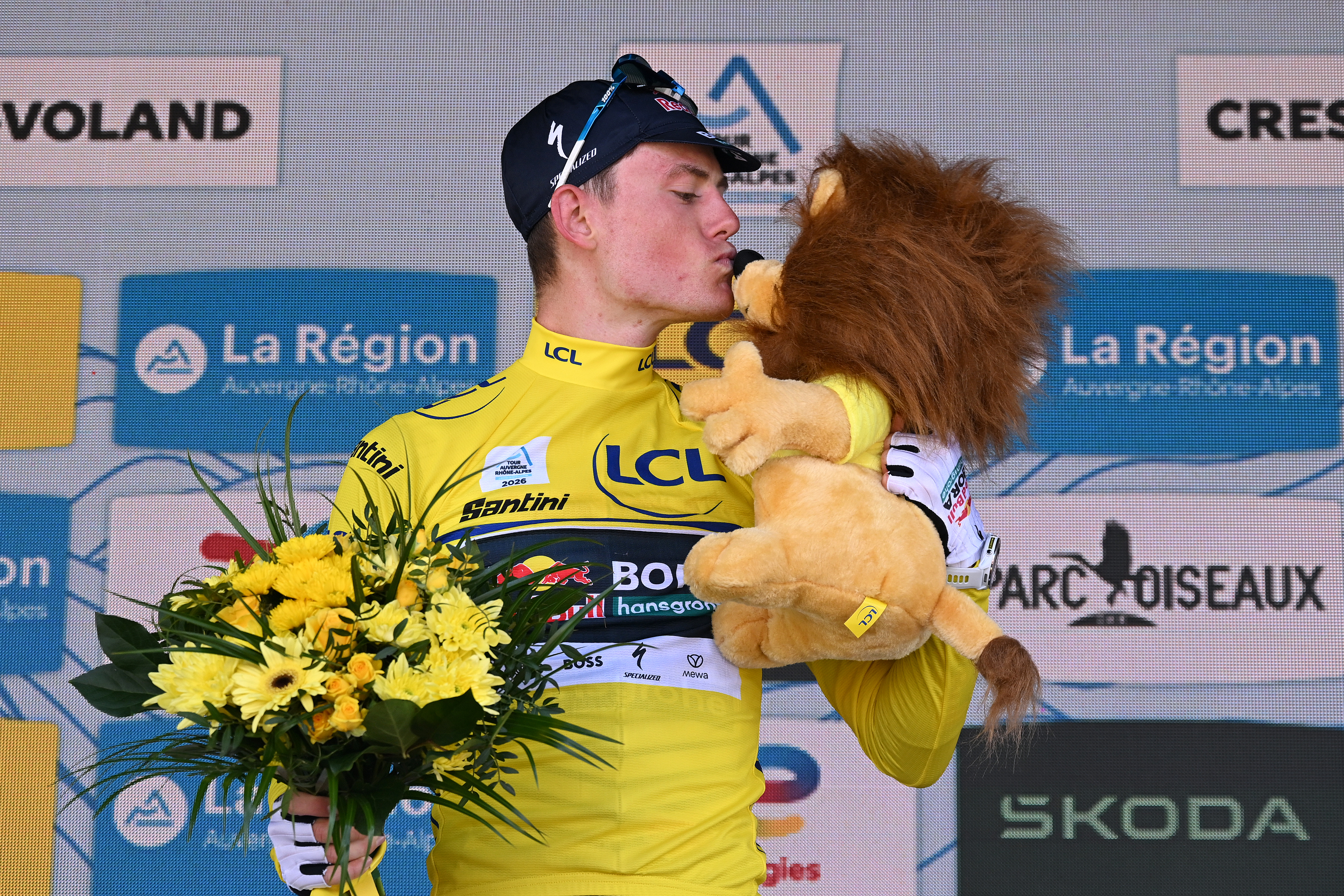 CREST-VOLAND, FRANCE - JUNE 12: Luke Tuckwell of Australia and Team Red Bull - BORA - hansgrohe celebrates at podium as Yellow Leader Jersey winner during the 78th Tour Auvergne-Rhone-Alpes 2026, Stage 6 a 182.3km stage from Saint-Vulbas to Crest-Voland 1211m / #UCIWT / on June 12, 2026 in Crest-Voland, France. (Photo by Dario Belingheri/Getty Images)