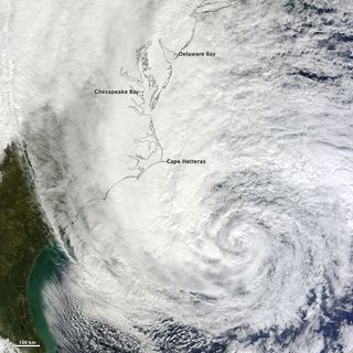 At noon Eastern Daylight Time (16:00 Universal Time) on October 28, 2012, the Moderate Resolution Imaging Spectroradiometer (MODIS) on NASA’s Terra satellite acquired this image of Hurricane Sandy off the southeastern United States. 
