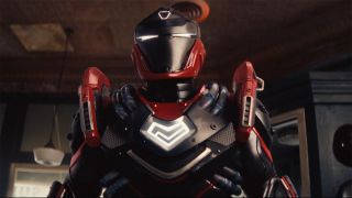 Riri Williams wearing her new black and red armored suit in Ironheart episode 6