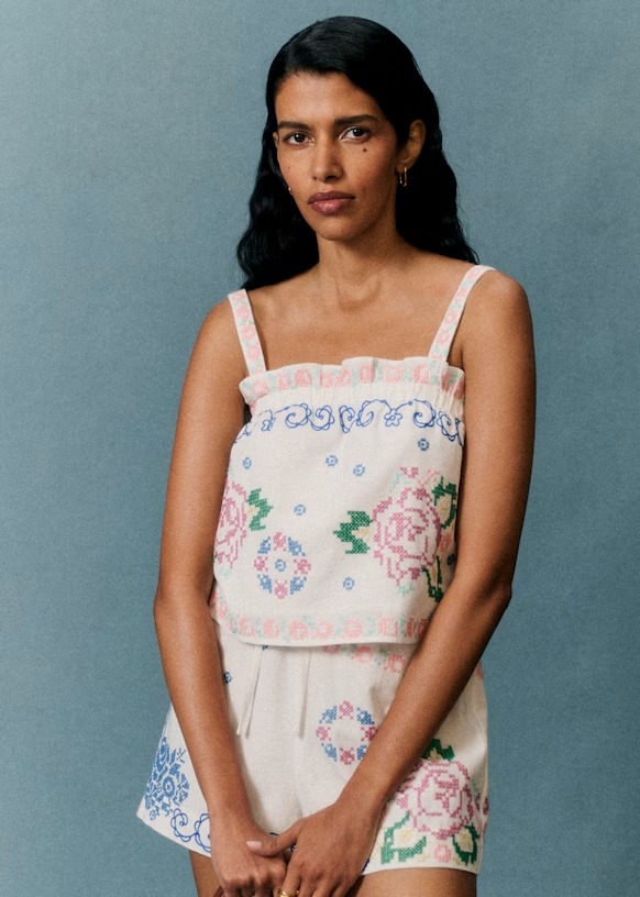 Luciana Top - Sézane X Andion - Green Pink Camellia Print - Organic Cotton - Sézane
