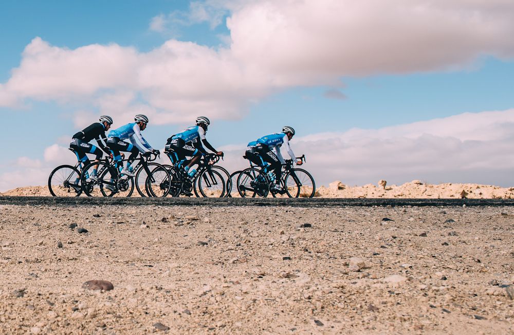 The Israel Cycling Academy riders train in the Negev Desert