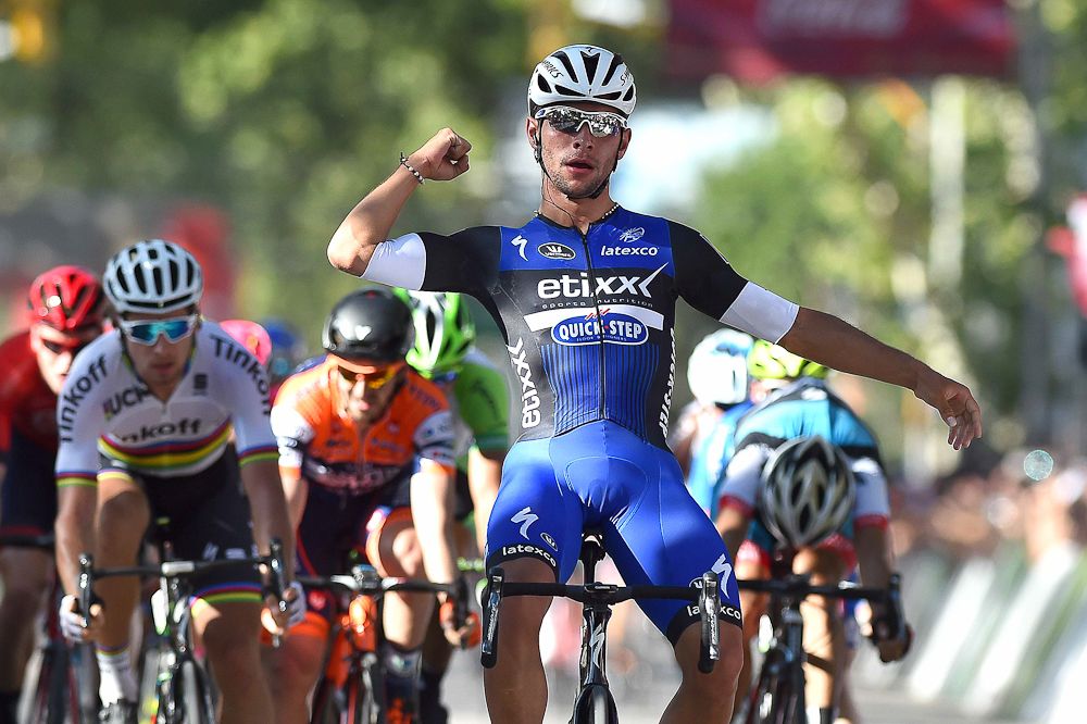 Fernando Gaviria celebrates winning stage 2 at the Tour de San Luis.