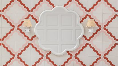 Bathroom with pink and red patterned tiles
