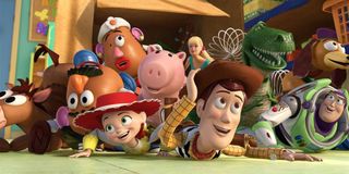 The toys falling out of a box in Toy Story 3