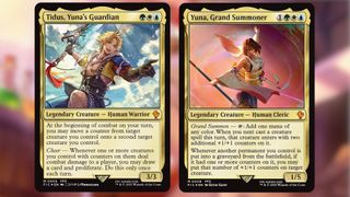 Tidus and Yuna Commander MTG cards against a colorful background