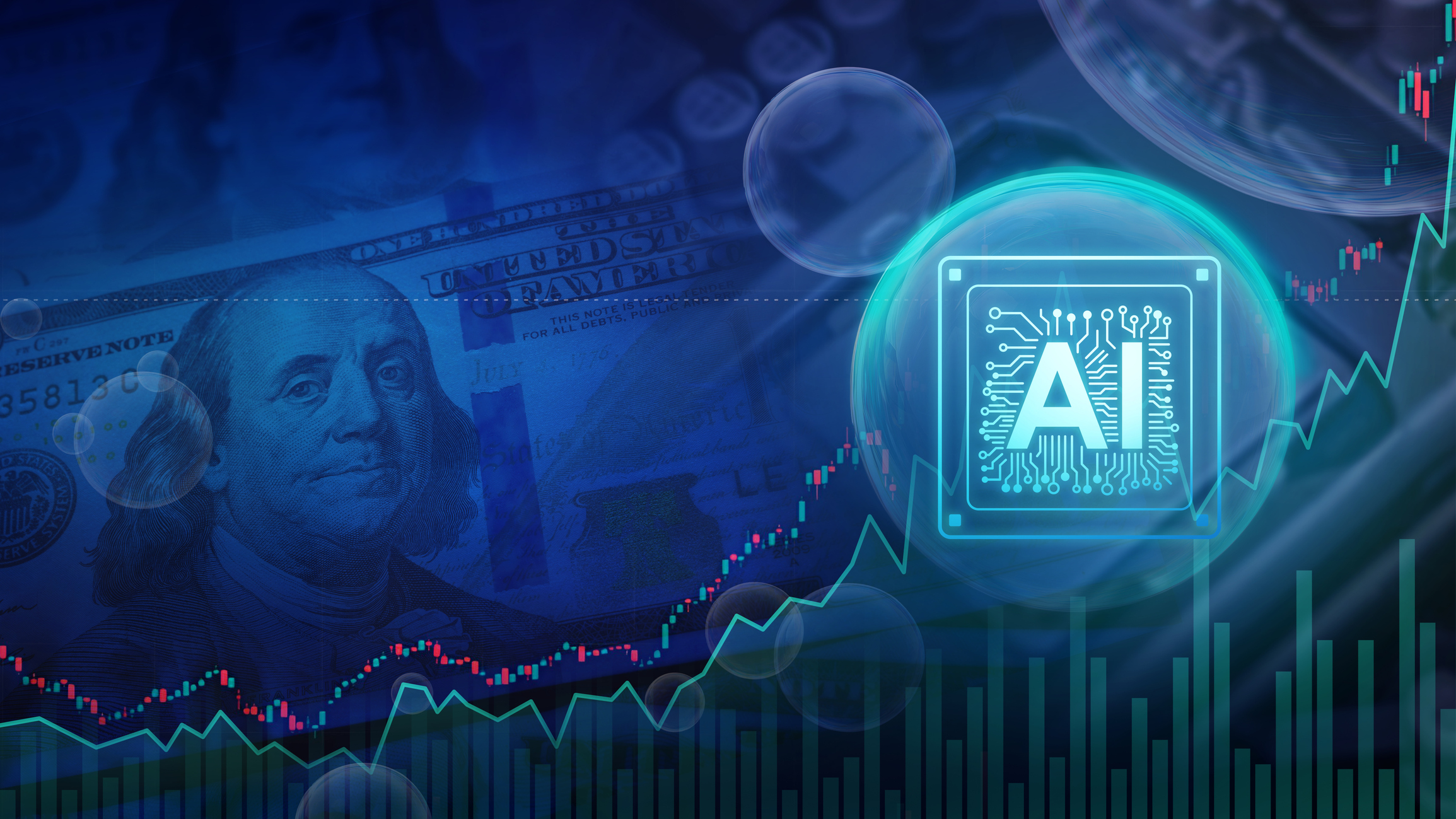 AI technology bubble concept stock market crash artificial intelligence chip inside a bubble with financial stock market chart