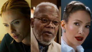 Scarlett Johansson, Samuel L. Jackson, and Jennifer Lopez in a three-sided photo.