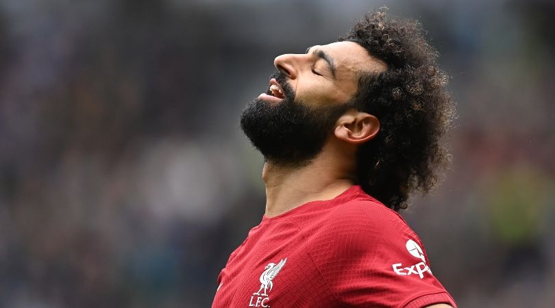 Liverpool&#039;s Mohamed Salah reacts during Liverpool&#039;s 4-1 defeat to Manchester City in the Premier League in April 2023.