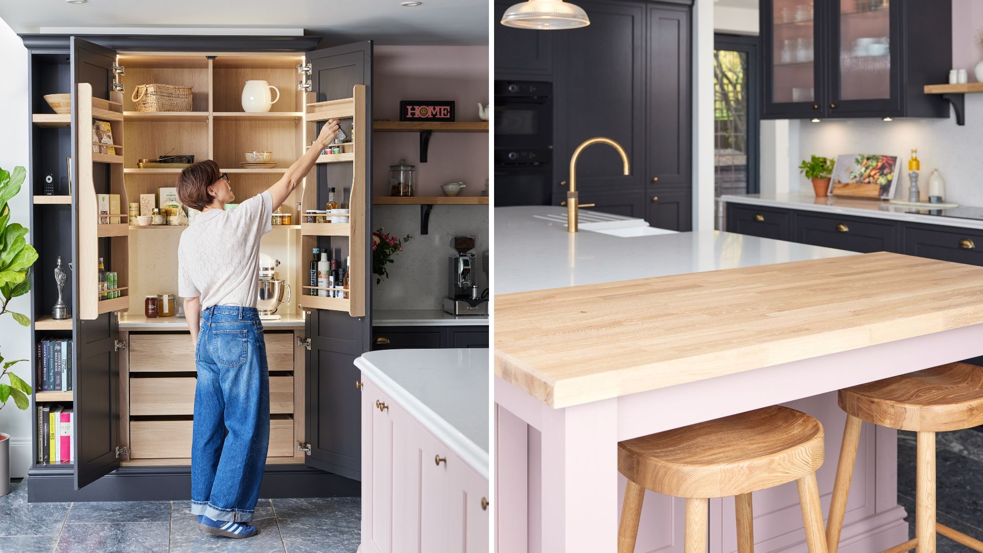 Emma Willis kitchen with black cabinets and dusky pink island