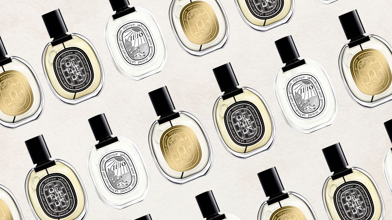 A selection of the best Diptyque perfumes featured in this guide, including Eau Nabati, Orpheon and Ilio, all arranged in a diagonal line pattern, on a textured cream background