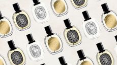 A selection of the best Diptyque perfumes featured in this guide, including Eau Nabati, Orpheon and Ilio, all arranged in a diagonal line pattern, on a textured cream background