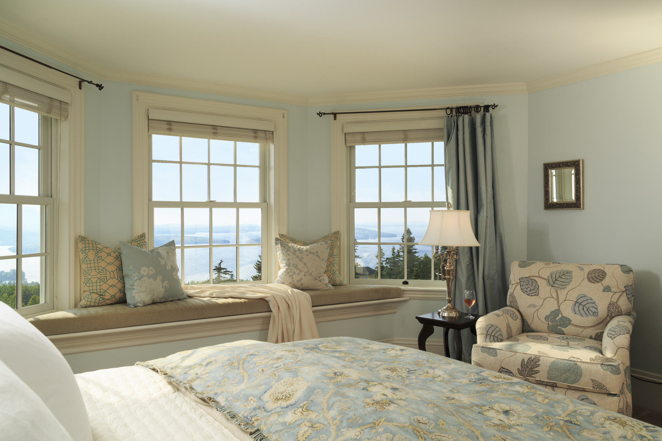 Bedroom with window seat and view, Moosehead Lake Area, Greenville, Maine, USA.