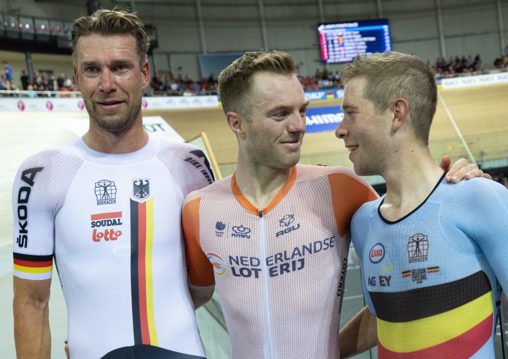 Silver medal winner German Roger Kluge gold medal winner Dutch Youri Havik and bronze medal winner Belgian Fabio Van Den Bossche celebrate after the mens points race on day three of the UCI Track World Championships at the SaintQuentinenYvelines velodrome in MontignyleBretonneux France Friday 14 October 2022 The World Championships take place from 12 to 16 October 2022 BELGA PHOTO BENOIT DOPPAGNE Photo by BENOIT DOPPAGNE BELGA MAG Belga via AFP Photo by BENOIT DOPPAGNEBELGA MAGAFP via Getty Images