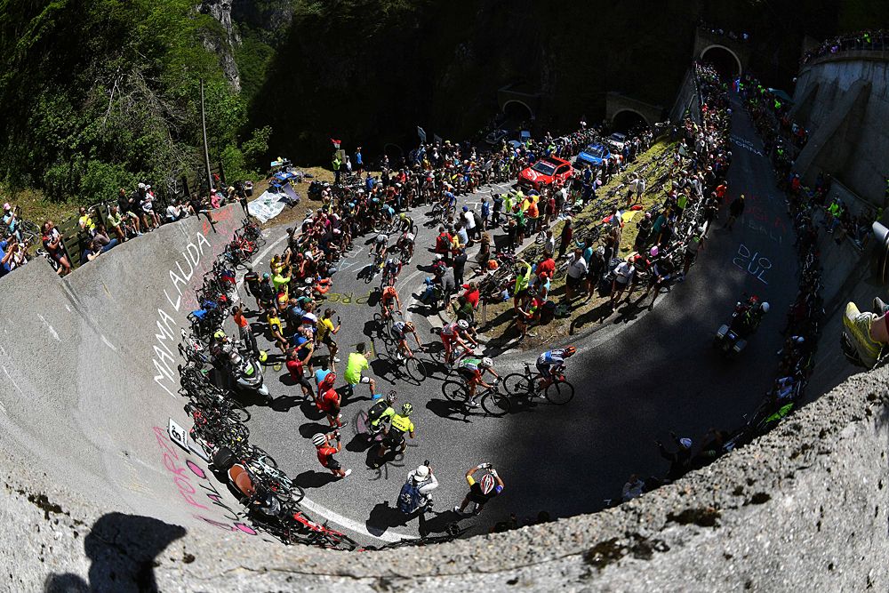 Francois Bidard of France and Team AG2R La Mondiale / Andrea Vendrame of Italy and Team Androni Giocattoli - Sidermec / Manuele Boaro of Italy and Astana Pro Team / Manuel Senni of Italy and Team Bardiani CSF / Manuel Amaro Antunes of Portugal and CCC Team / Pieter Serry of Belgium and Team Deceuninck - Quick-Step / Olivier Le Gac of France and Team Groupama - FDJ / Johan Esteban Chaves Rubio of Colombia and Team Mitchelton - Scott / Marco Canola of Italy and Team Nippo Vini Fantini - Faizane / Ivan Santaromita of Italy and Team Nippo Vini Fantini - Faizane / Marco Marcato of Italy and UAE - Team Emirates / Passo di San Boldo (701m)/ Peloton / Landscape