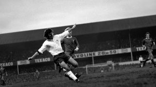 Derby County (2) v Liverpool (0). Colin Todd scores derby's first goal after beating Phil Thompson, hard on his heels. January 1975. (Photo by Daily Mirror /Mirrorpix via Getty Images)