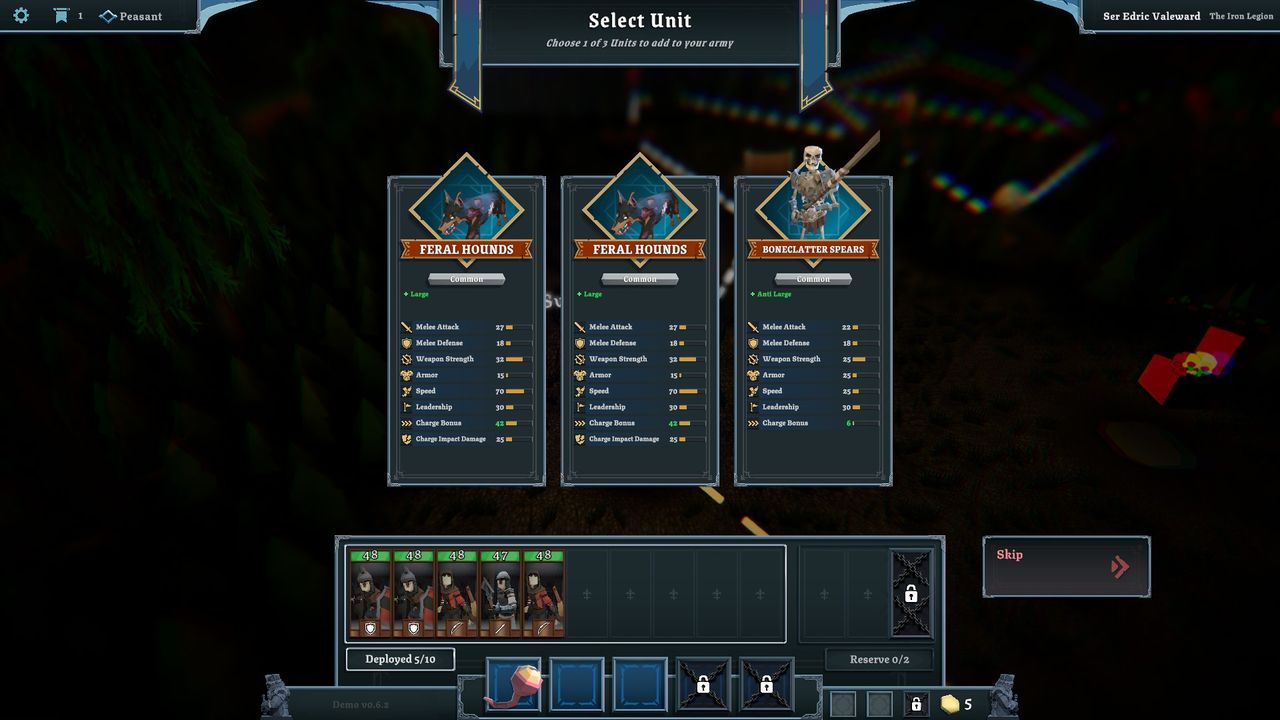 Various screenshots of the Tabletop Tavern demo, displaying mechanics and choices made in the roguelike RTS.