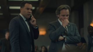 From left to rigth: O-T Fagbenle holding a phone up to his ear and Peter Sarsgaard holding his left hand up to his mouth in Presumed Innocent.