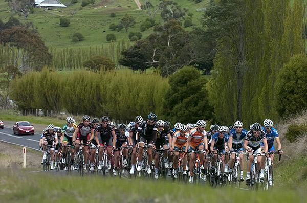 The peloton on a small rise near Liapootah during stage three of the Tour of Tasmania.