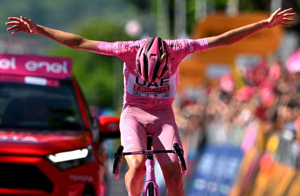 Tadej Pogačar (UAE Team Emirates) celebrates at finish line as stage winner during stage 20 at the Giro d&#039;Italia 2024