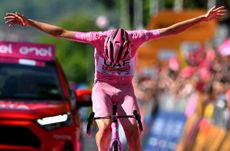 Tadej Pogačar (UAE Team Emirates) celebrates at finish line as stage winner during stage 20 at the Giro d'Italia 2024