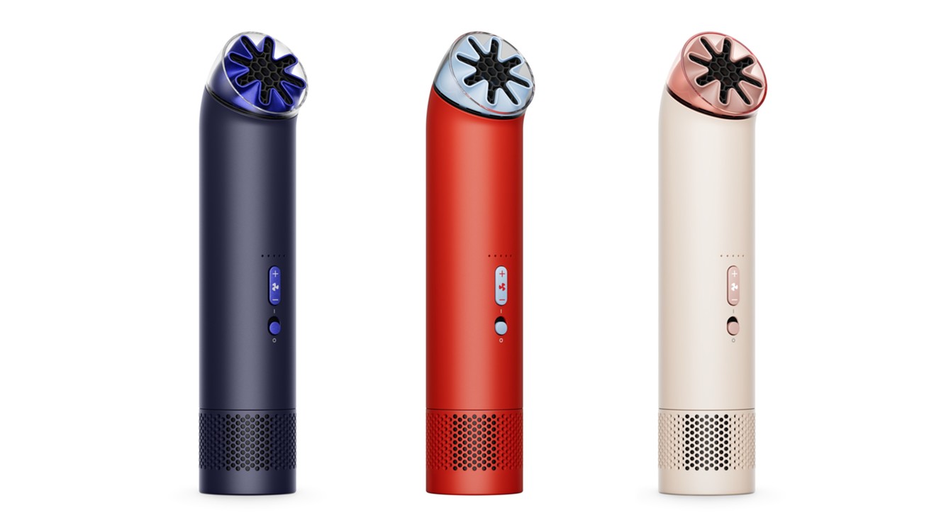 Dyson HushJet Mini Cool Fan in blue, red, and white