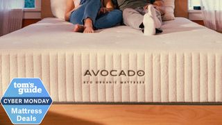 Foot of the Avocado Green Eco Organic Mattress with a pair of feet at the top, Tom's Guide Cyber Monday mattress deals badge in the lower left corner