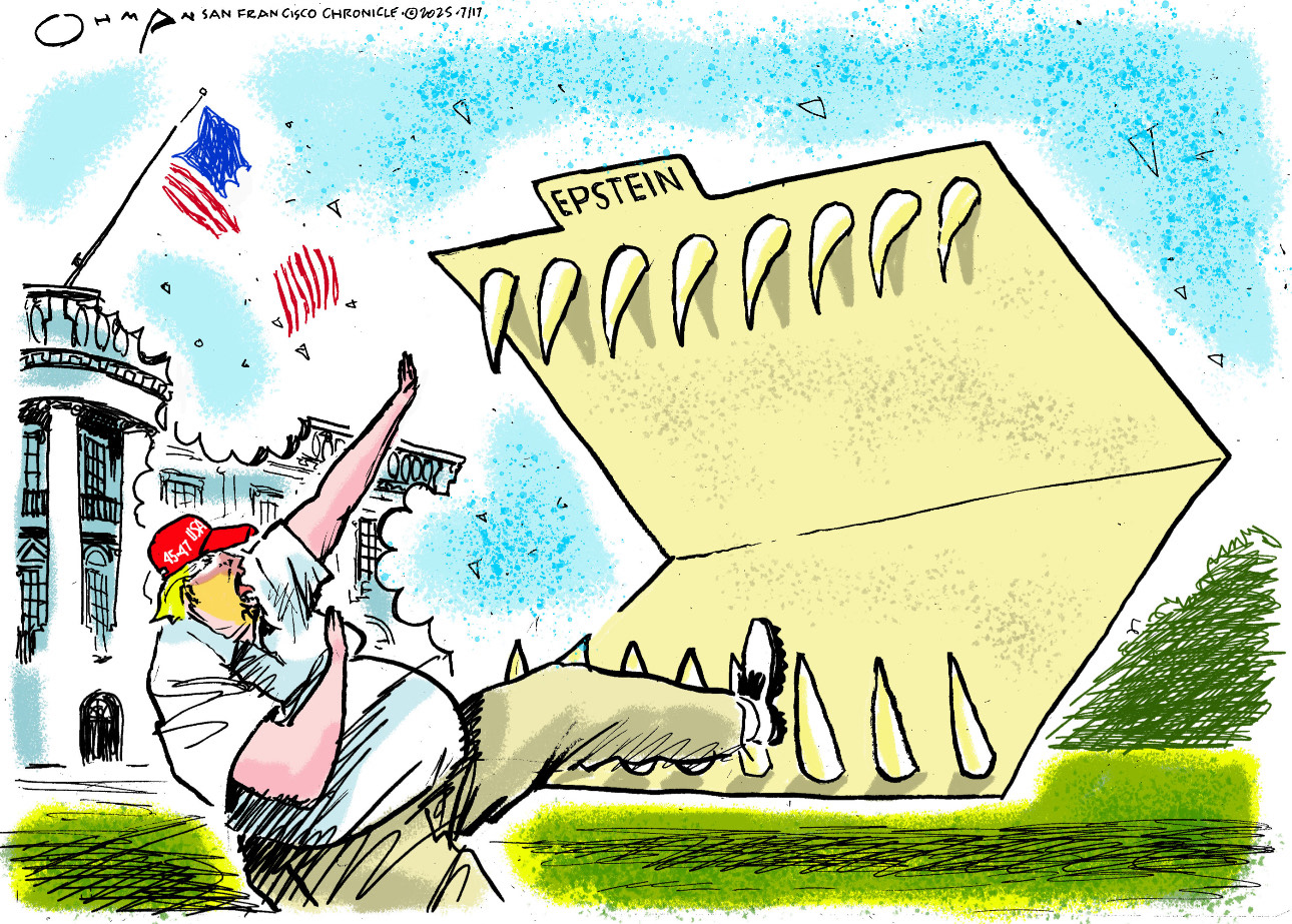 This cartoon depicts Donald Trump outside the Whit House in golf clothes and a red MAGA hat. He’s about to be eaten by a giant file with sharp teeth labeled “Epstein.”
