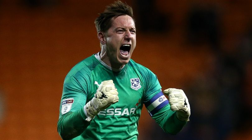 Tranmere Rovers goalkeeper Scott Davies celebrates a victory over Blackpool in 2020.