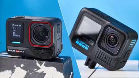 A split image with the Insta360 Ace Pro 2 on the left and the GoPro Hero13 Black on the right