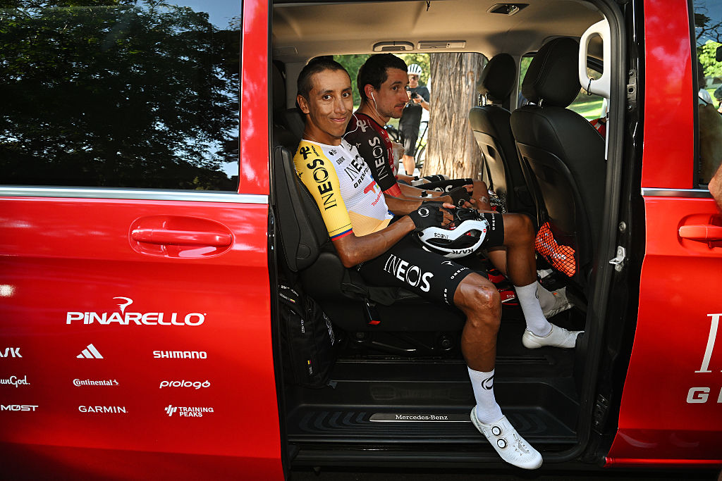 MADRID, SPAIN - SEPTEMBER 14: Egan Bernal of Colombia and Team INEOS Grenadiers the peloton is at a standstill due to the pro-Palestinian protests in the city of Madrid during the La Vuelta - 80th Tour of Spain 2025, Stage 21 a 108km stage from Alalpardo to Madrid / The race is neutralised due to disturbances in central Madrid caused by pro-Palestinian protests / #UCIWT / on September 14, 2025 in Madrid, Spain. (Photo by Dario Belingheri/Getty Images)